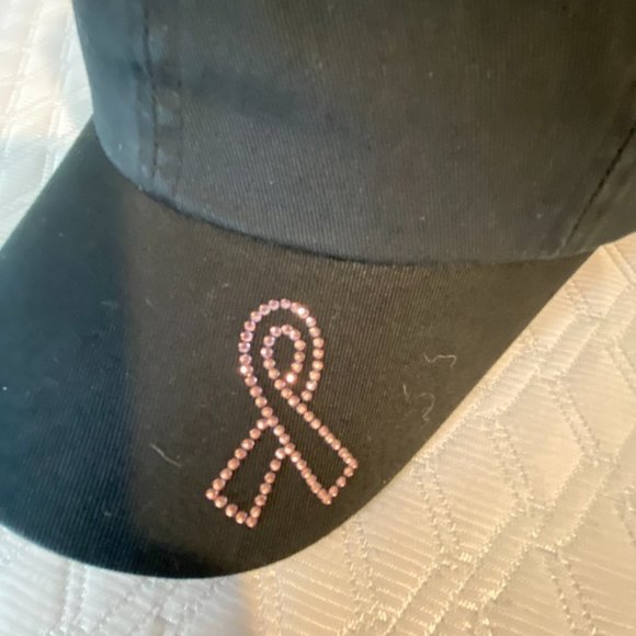 Black Baseball Cap with Pink Crystal Breast Cancer Awareness Ribbon NWOT - Picture 2 of 10